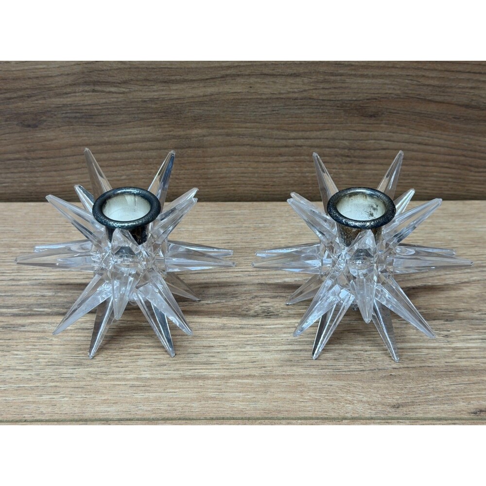 Vintage Atomic Sputnik Acrylic Lucite Starburst Candle Holders Pair Clear Decor